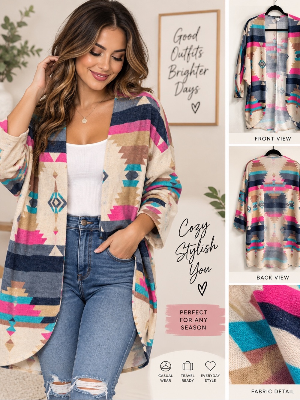 HEIMISH USA Aztec Open-Front Cardigan - Pink, Teal, Navy & Cream